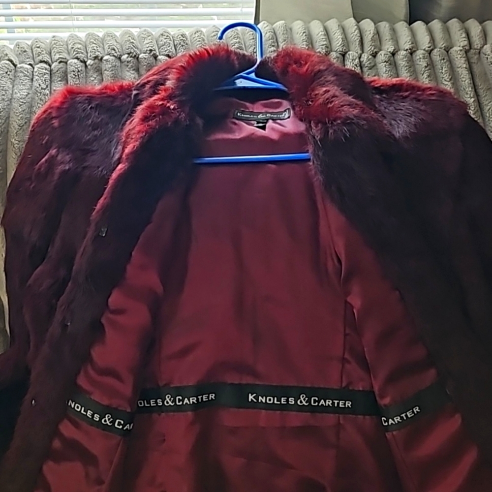 Knowles & Carter "burgundy" short rabbit fur coat -  color is not red!
